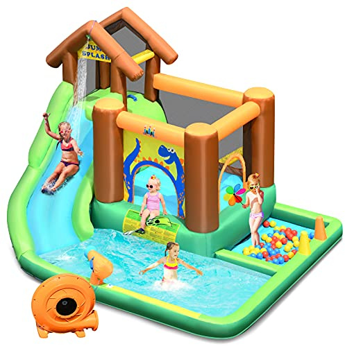 GOPLUS Castillo Hinchable, Inchable Infantil Interior Exterior, Cosido de Material Extra Rueso, Ninos Adecuado de 3 a 10 Años, con Tobogán, Piscina, Zona de Salto, 300 x 300 x 230 cm