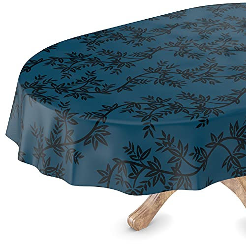 ANRO Wachstuchtischdecke Wachstischdecke Tischdecke abwaschbar Oval 140 x 220cm Schnittkante Chika Dunkelblau