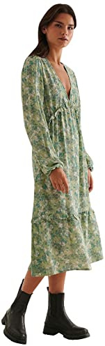 NA-KD Vestido Midi con Volantes y Mangas Globo para Mujer, Flor Verde, 34