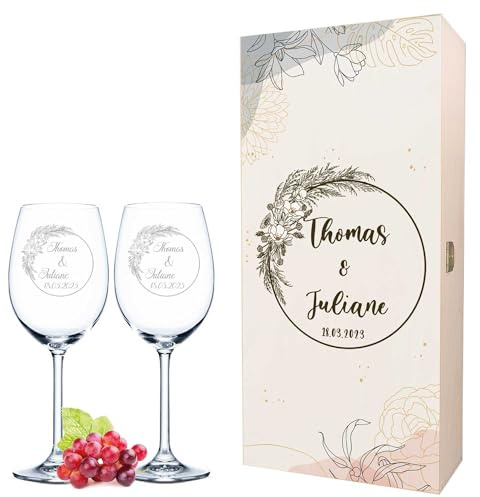 GRAVURZEILE Leonardo Weingläser mit Gravur - Pampasgras - Personalisiert mit Namen & Datum bedruckter inkl. Holzkiste - Geschenk zur Hochzeit, Verlobung oder zum Valentinstag - Farbe: Kleine Kiste UV
