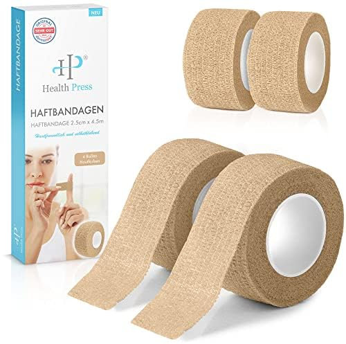 Health Press Fingerpflaster Selbsthaftend – 4x Pflaster Rolle (2,5cm x 4,5m) – Verband Selbstklebend – Elastisches Tape wasserfest – Staub-, Fett- & Schmutzabweisendes Pflasterband (Beige, 4 Rollen)