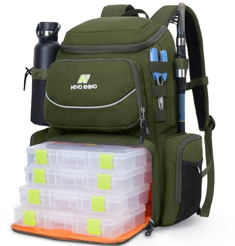 N NEVO RHINO Angelausrüstungs-Rucksack mit Rutenhaltern, 40 l, große Angeltasche mit wasserdichtem Regenschutz, Outdoor-Ausrüstungstasche