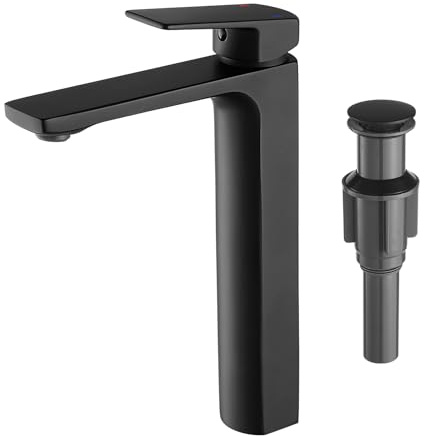 VOTON Vessel Sink Faucet Matte Black Tall Bathroom Faucet Single Handle Vanity Bathroom Sink Faucet 1 Hole Basin Mixer Tap with Water Supply Hose and Pop Up Sink Drain