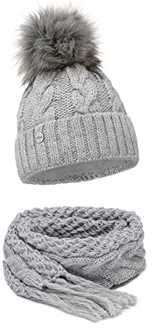 ELIMELI® Winter Mütze Damenmütze mit Fell-Bommel Fleece Innenfutter gefüttert - warme Damen Bommelmütze Strickmütze - Wintermütze mit Kunstfell Bommel - Slouch Strick Beanie Made in EU