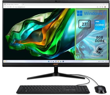 Acer Aspire C27-1800 Computer Fisso All in One, Pc Desktop, Processore Intel Core i3-1305U, Ram 8 GB DDR4, 512 GB SSD, Display 27 IPS FHD LED LCD, Intel UHD, Wifi, Webcam, Windows 11 Home