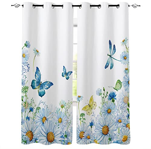 SJSXWQN Cortinas Salon Dormitorio Mariposa Crisantemo Azul Cortinas Opacas con Ojales Cortinas Termicas Aislantes Frio y Calor para Decoracion Habitacion Cocina 2 Piezas B 140 x H 260 cm