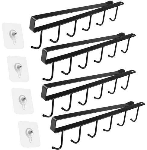 4 Stück Tassenhalter, Schrankeinsatz Tassenhalter, Ohne Bohren, Aufbewahrungshaken, Haken für Tassen, Becher, Weingläser, Küchenutensilien, mit Selbstklebenden Schrauben , mit 4 Klebeschraube(schwarz)
