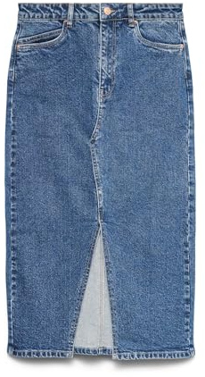 VERO MODA Falda Vaquera de Mezclilla hasta la Pantorrilla con Abertura Falda Maxi 5 Bolsillos, Color:Azul, Talla:L