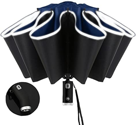 JACTZ Regenschirme Vollautomatischer Rückverfeitungsschirm Mit Led -Taschenlampe 10Ribs Winddicht Reflektierender Streifen Uv -Regenschirme Für Sonnen- Oder Regentag-Led-10Ribs-Navy Blue