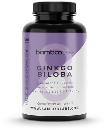 Bamboo Labs - Ginkgo Biloba 100% Natürlich, 24% Flavonoiden, 6% Terpenen, 180 Ginkgo-Kapseln hochdosiert, Starkes Antioxidans zur Verbesserung von Gedächtnis, Konzentration und Blutkreislauf