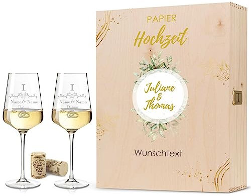 Leonardo Verres à vin avec gravure – Design de mariage – Personnalisé avec nom et date avec boîte en bois – Cadeau pour mariage, fiançailles, anniversaire de mariage – Couleur Puccini