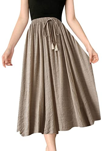 Kjol damer sommar linne lång kjol lätt och luftig sommarkjol maxikjol boho sommarkjol dubbelt lager elastisk midja veckad kjol kvinnor enfärgad lång kjol, kaki, one size