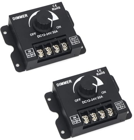 Hailege 2pcs LED Dimmer Switch DC12V-24V 30A 360W Adjustable Voltage Regulator Brightness Controller for 5050 Strip Light Lamp