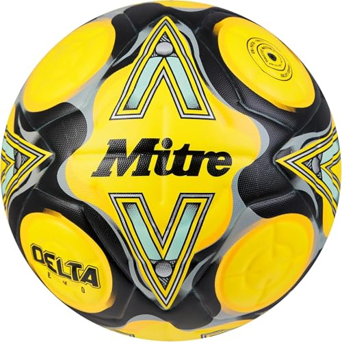 Mitre Delta Football | Highly Durable | Enhanced Accuracy and Consistency, Fluo Yellow/Black/Circular Grey, 4