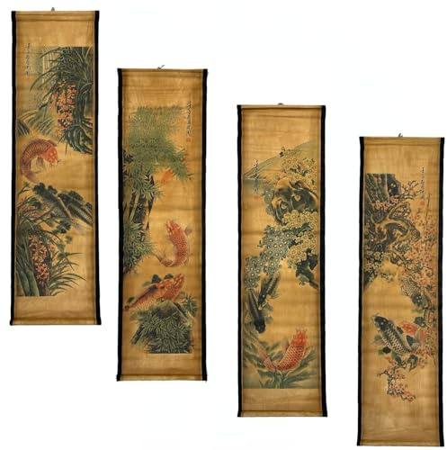 4 Teile/satz Wand Scroll Hängende Malerei Dekor Fisch Blume Fengshui, Alte Gemälde Replik Asien Traditionelle Kunst, Anziehen Reichtum Vier Jahreszeiten | 4 Paneele, alte japanische Gemälde, Nachbildung, traditionelle asiatische Kunst, zieht Reichtum an, Vierjahreszeiten-Blume
