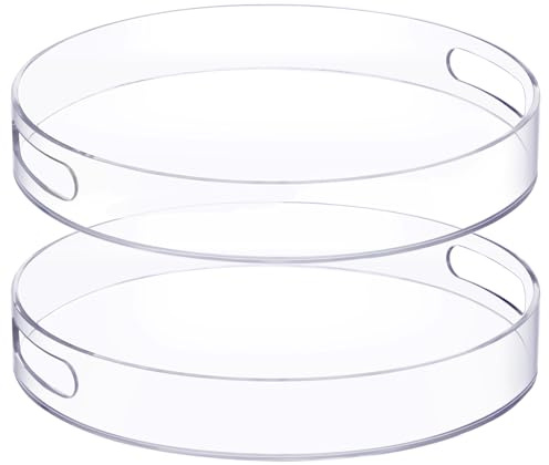 Menkxi Rundes Tablett aus Acryl, 30,5 cm, mit Griffen, stabil, transparent, rund, Serviertablett für Küche, Badezimmer, Schminktisch, Couchtisch, Ottomane, Lebensmittel, Tee, Snacks, 2 Stück