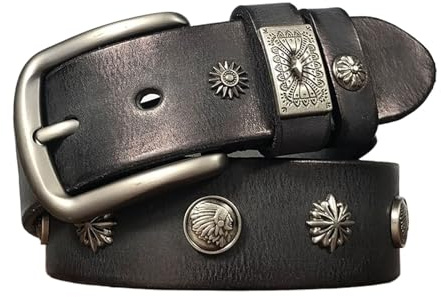 WRJAHCG Herren-Gürtel Nietengürtel, Herren Gürtel Dornschließe Retro Cowboy Punk, Verstellbare Breiter Echtledergürtel mit Metallschnalle Edelstahl,Schwarz,105CM/41.3''