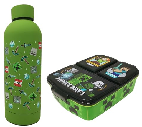 Theonoi Brotdose Set Minecraft Creeper Kinder Lunchbox Sandwichbox mit Unterteilung/Fächern und Trinkflasche Wasserflasche aus Stahl (Grün A)