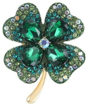Broche de Trébol de Cuatro Hojas y Diamantes de Imitación, Vintage Broche de Aleación para Mujeres, Niñas, Bodas y Fiestas, Accesorios (verde)