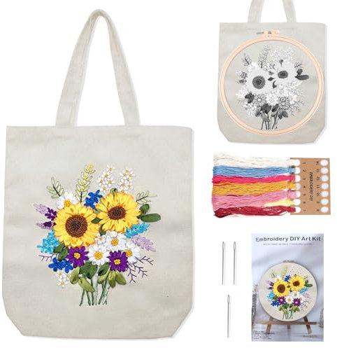 JSTHHTT Sticken Set Erwachsene, Stickpackung aus Segeltuch, Sticken Set für Anfänger, Sticktasche mit Blumenmuster, Farbfäden und Werkzeug