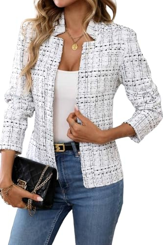 ELLEVEN Womens Blazer Business Casual Suit Jacket Tweed Blazers for Women Slim Fit Fitted Long Sleeve Stand Collar Blazer Dressy Full Lining Coat Cardigan with Padded Shoulder White X-Large