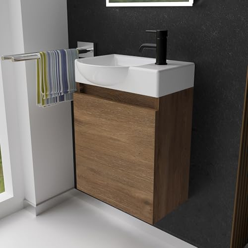 Alpenberger Waschbecken mit Unterschrank Gäste WC 45 cm hängend Eiche | Kleiner Waschtisch mit Unterschrank: Keramik & MDF, wandhängend, Softclose Tür, mit Überlauf, für kleine Bäder, Links Becken