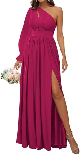 HPPEE Vestido largo de gasa para dama de honor con un hombro descubierto, con mangas, plisado, vestido formal de noche, fucsia, 38
