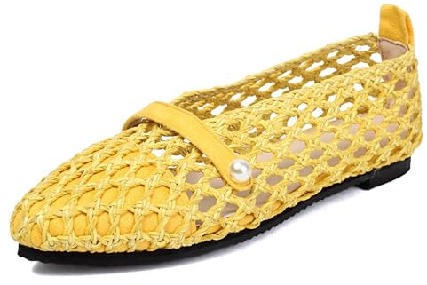 CRETUAO Zapatos Planos de Ballet de Malla Tejida a la Moda para Mujer, Sandalias Bailarina con Punta Suave y sin Cordones,Zapatos Playa Elegantes y Transpirables Mary Jane,Amarillo,43 EU