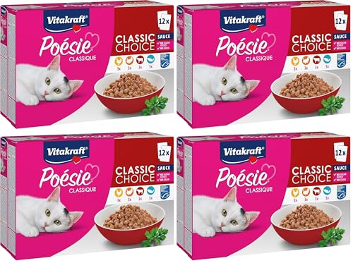 Vitakraft Poésie Classique, Nassfutter für Katzen, im Multipack, mit Huhn, Truthahn und Rind, mit Lachs mit MSC-Siegel, ohne Zusatz von Zucker und Getreide, Vorratsgröße (1 Paket mit 12x 85g)