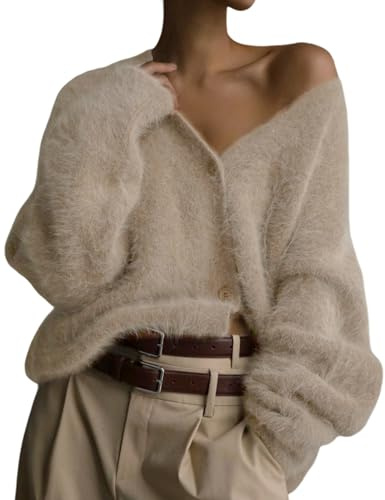 Yimoon Damen Strickjacke, flauschig, V-Ausschnitt, Lange Ärmel, Knopfleiste, lässig, pelzig, Strickpullover 2025, Aprikose, X-Groß