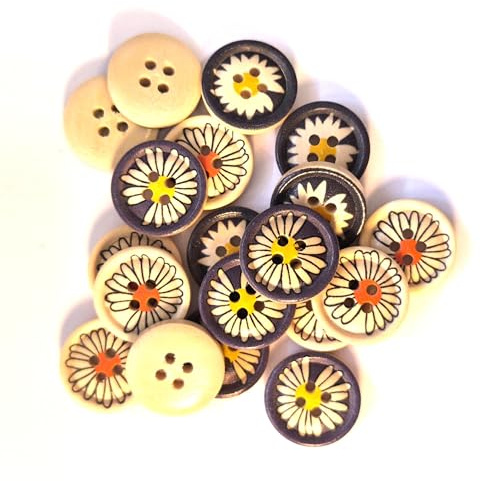 20 edle Holzknöpfe 18mm (1,8cm) bunt rund mit Gänseblümchen-Muster im zufälligen farblichen Mix Vierlochknöpfe a 2mm je Loch – 4-Loch-Knöpfe Blume zum basteln nähen annähen Bastelknöpfe
