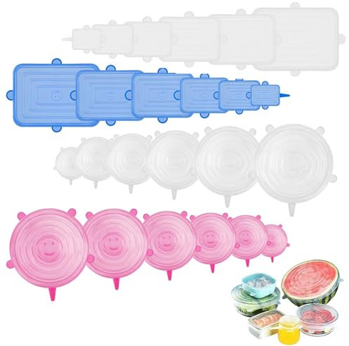 24pcs Reusable Silicone Lid,12 Pcs Round Silicone Stretch Lids and 12 Pcs Rectangular Silicone Lids Food Covers, 6 Different Sizes Keep Food Fresh for Dishes Jars Bowls (Blue, White, Pink)