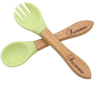 Ensemble couverts - cuillère et fourchette pour enfant - bois et silicone - personnalisé (plusieurs coloris disponibles) (Vert)