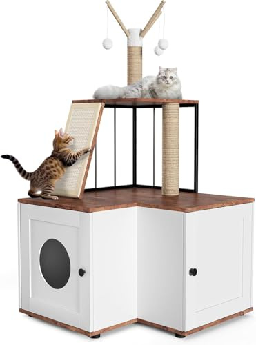 Meuble de Litière pour Chat avec Armoire de Rangement Caché, Grand Arbre à Chat avec Griffoir, Planche à Gratter et Balles de Jeu - Meubles en Bois