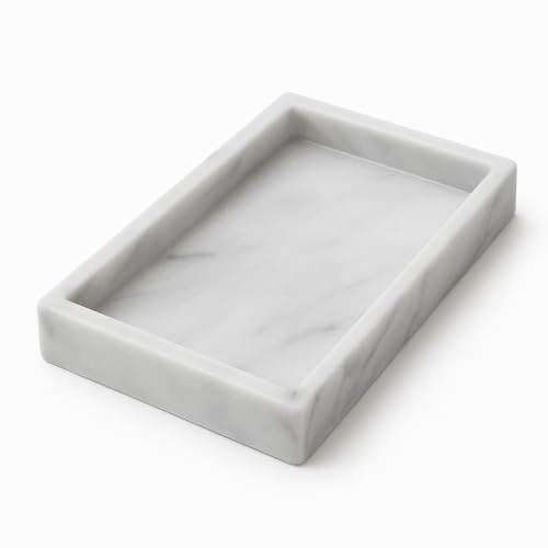 Vassoio in Marmo Bianco di Carrara Kalu Creations - Vassoio Marmo Bagno Portaoggetti Decorativo, Porta Profumi e Candele - Organizer Bagno Pietra - Made in Italy - 25 x 15 cm