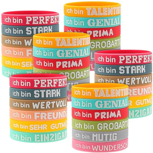 Leyrens 36 Stück Motivationsarmbänder auf Deutsch, Inspirierende Silikon Armbänder mit 12 Stile Positiven Sprüchen, Silikonarmbänder Farbige, für Einschulung Schulkind Abschiedsgeschenk