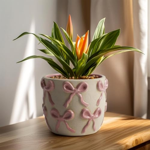 Yokiiimakiii Bows Pots for Plants,Ceramic Plant Pots,Indoor Flower Pot(Pink)