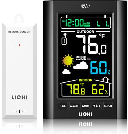 Weather Station Wireless Indoor Outdoor Thermometer， Inside Outside Temperature Humidity Monitor，with 330ft Range Sensor and Adjustable Backlight (Black)