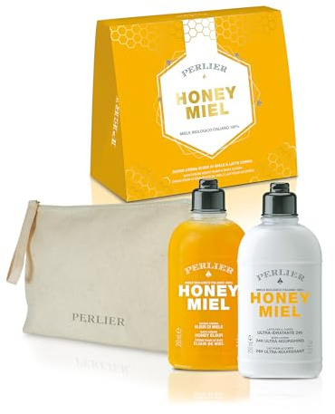Perlier - Cofanetto Regalo Honey Miel, Doccia Crema 250 ml + Latte Corpo Idratante 250 ml con Pochette, Miele Biologico 100% Italiano, Detersione Delicata, Ideale per Tutte le Pelli