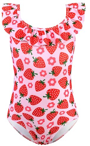 XiaoMoSha Girls One Piece Swimming Suits for Kids Beach Holiday Breathable Swimsuit with Adjustable Straps for Pool Hawaii, CuteStrawberry, 5-6 Years