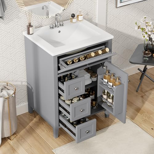 Bellemave 24 Bathroom Vanity with Sink Combo, Solid Wood Storage Cabinet with 3 Drawers and a Tip-Out Drawer, Adjustable Shelves, Soft Close Door with Built-in Organizer, Gray