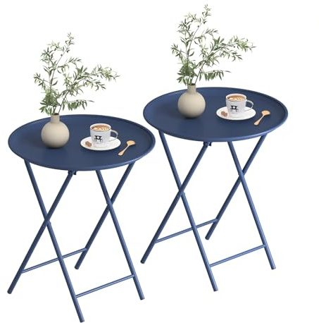 Garden 4 you Folding TV Tray Table, Metal Round Side Table, Blue Dinner Table with Metal Frame, Modern Outdoor Tray Table for Living Room, Bedroom, Patio & Small Spaces, 2 Packs