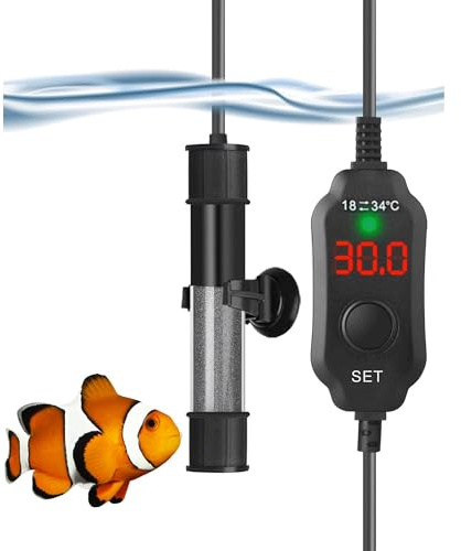 HiTauing Aquarium Heizung 25W/50W/100W/300W/500W, 25W Unterwasser-Aquarium-Heizung Super Short Heizstab Aquarium mit LED-Digitalanzeige Thermostat für Süß- und Salzwasser-Tank up to bis zu 30L