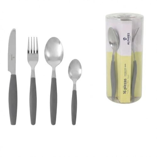 SANTA CLARA | Cubertería completa 16 piezas de acero inoxidable con mango gris, juego de cubiertos con cuchillo, tenedor, cuchara y cucharilla de postre, servicio para 4 personas, modelo Niza