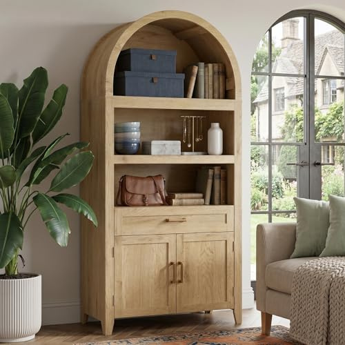 LNRLZYLS Bücherschrank Landhausstil mit Rundbogen, Bücherregal 5-stufige | Standregal Holz mit Schublade und Türen,für Wohnzimmer, Arbeitszimmer & Küche,Aufbewahrung MDF Möbel Eiche 165 cm