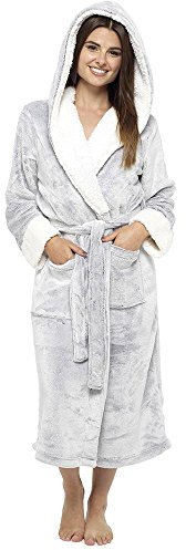 Style It Up Ladies Luxurious Soft Dressing Gown Hooded Plain Fluffy Snuggle Fleece Warm Robe, (GREY, 8-10)