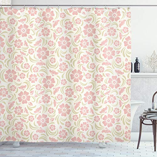 ABAKUHAUS Jahrgang Duschvorhang, Altmodisch Floral, mit 12 Ringe Set Stielvoll Modern, 175x200 cm, Hellgrün Weiß Puder Rosa