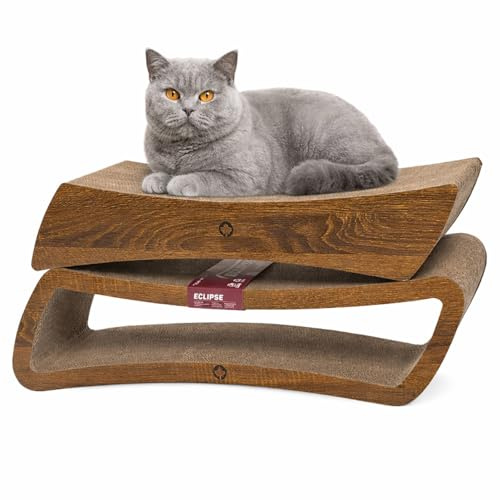 CanadianCat Company | Kratzbrett Set Eclipse & Pulsar für Katzen aus robuster Wellpappe mit Holzoptik - 2 beidseitig nutzbare Kratzmöbel kombinierbar als Lounge, Kratzfläche und Liegeplatz