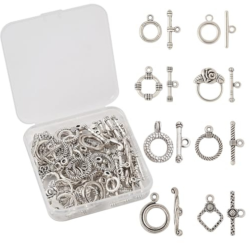 Craftdady Knebelverschlüsse in antikem Silber, rund, 8 Stile, tibetische Metall-Verschlüsse, Endverschlüsse mit T-Stangenverbindern für Bastelarbeiten, Armbänder, Schmuckherstellung, 40 Sets