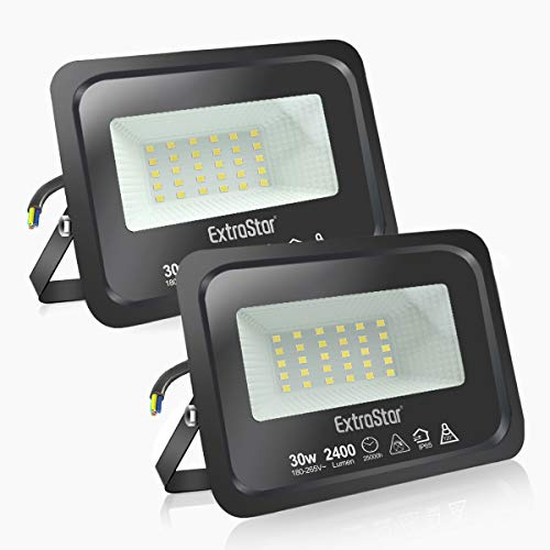 EXTRASTAR Faretti a LED per esterni 30W Potenti luci a LED per esterni IP65,Luce Bianca Fredda 6500K di sicurezza per terrazza, giardino, patio, parco, garage,2 Pezzi